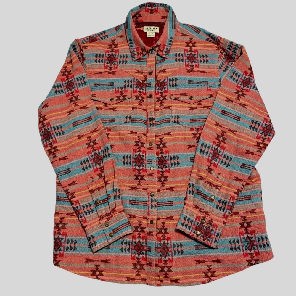 Ariat Snap Shirt Men XL Coral Southwestern Geometric Western Flannel Long Sleeve